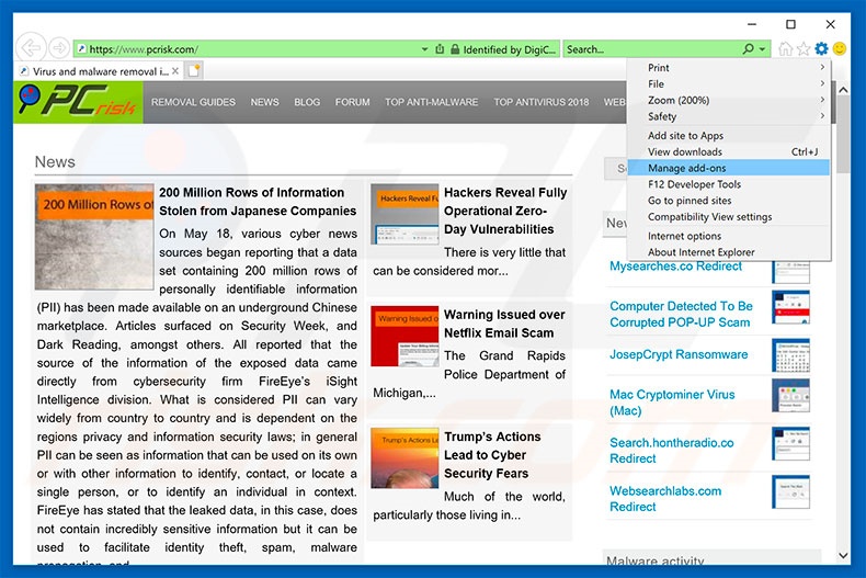 Removendo as extensões fraudulentas do Internet Explorer passo 1