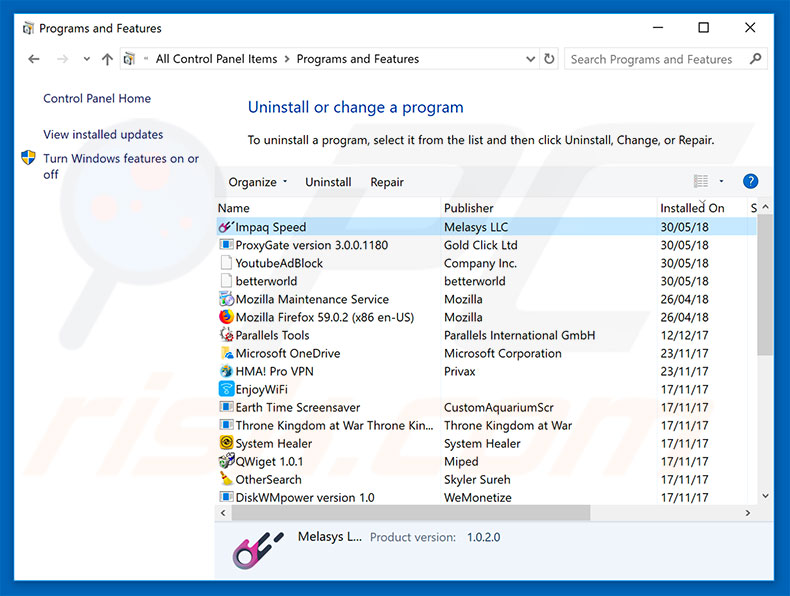 desinstalar o adware ImpaqSpeed via Painel de Controlo