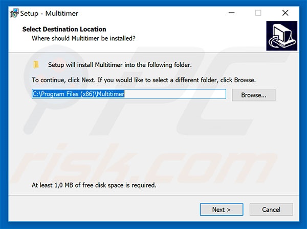 Configuração de instalação do adware Multitimer