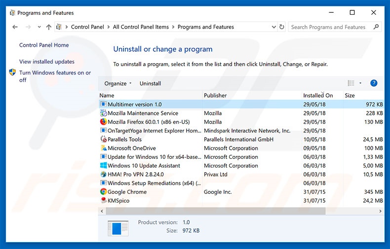 Desinstalação do adware Multitimer via Painel de Controlo