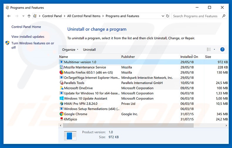 Desinstalação do adware Multitimer via Painel de Controlo