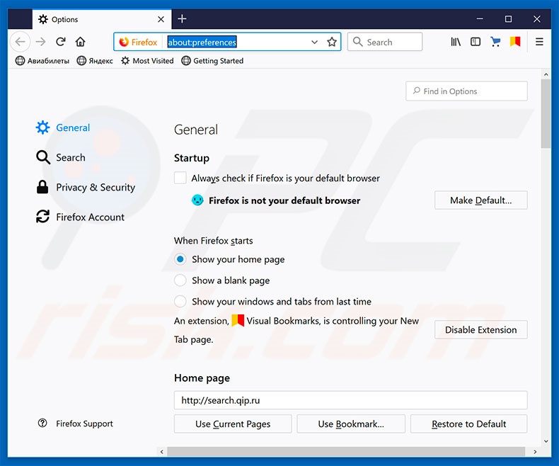 Removendo a página inicial qip.ru do Mozilla Firefox
