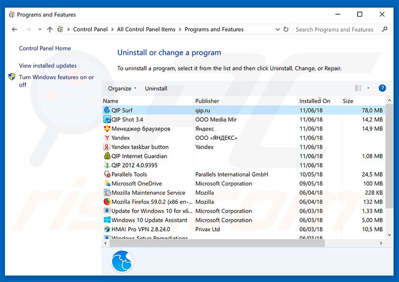 desinstalar o sequestrador de navegador qip.ru via Painel de Controlo