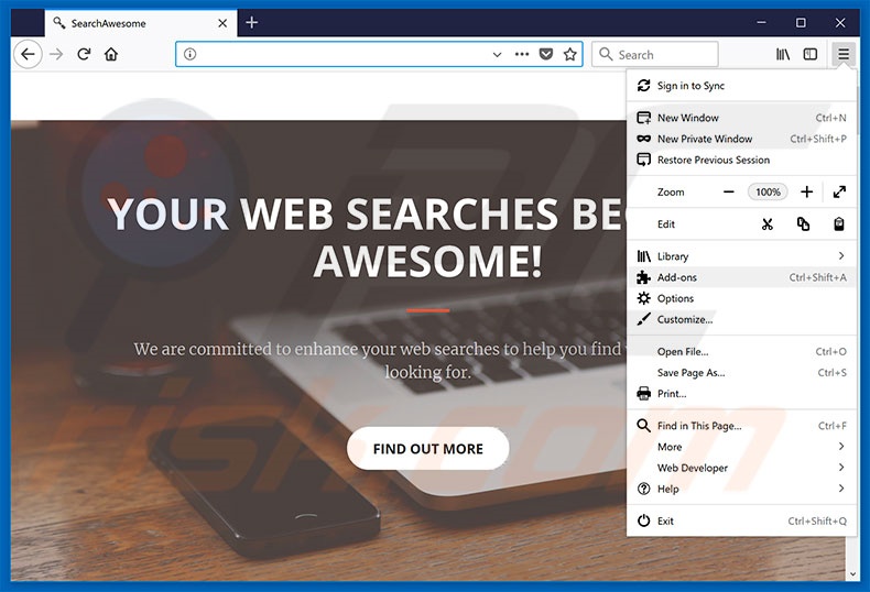 Removendo os anúncios SearchAwesome do Mozilla Firefox passo 1