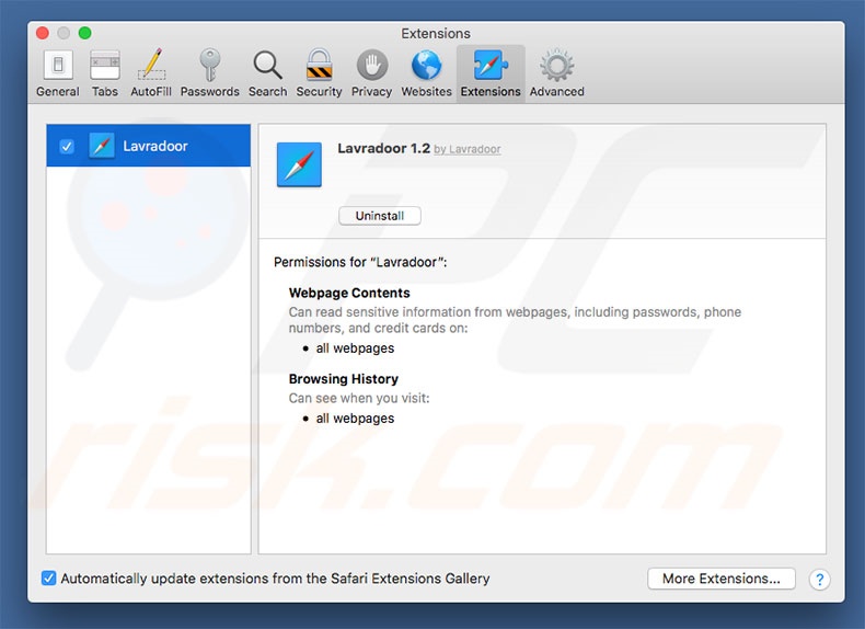 A extensão do sequestrador de navegador Lavradoor no navegador Safari: