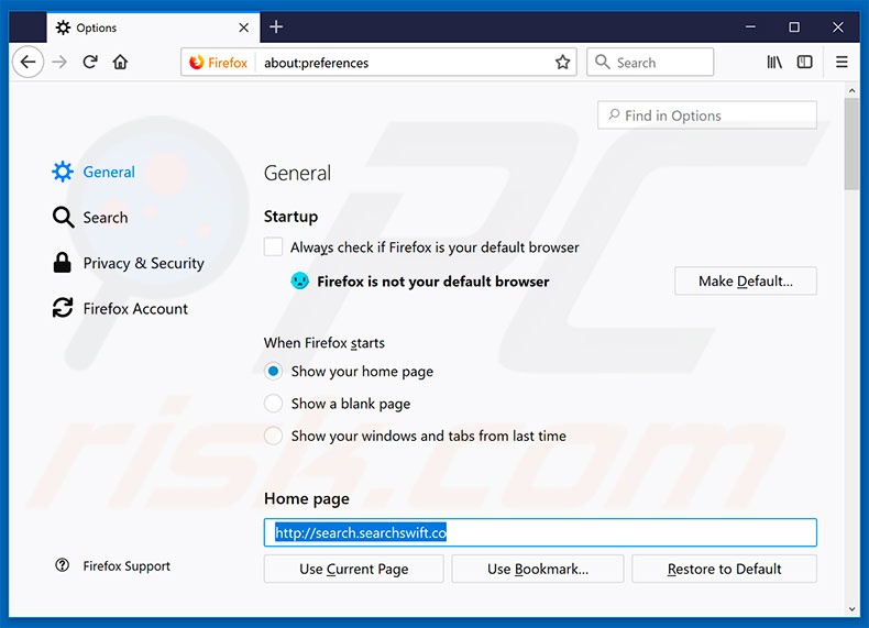 Removendo a página inicial search.searchswift.co do Mozilla Firefox