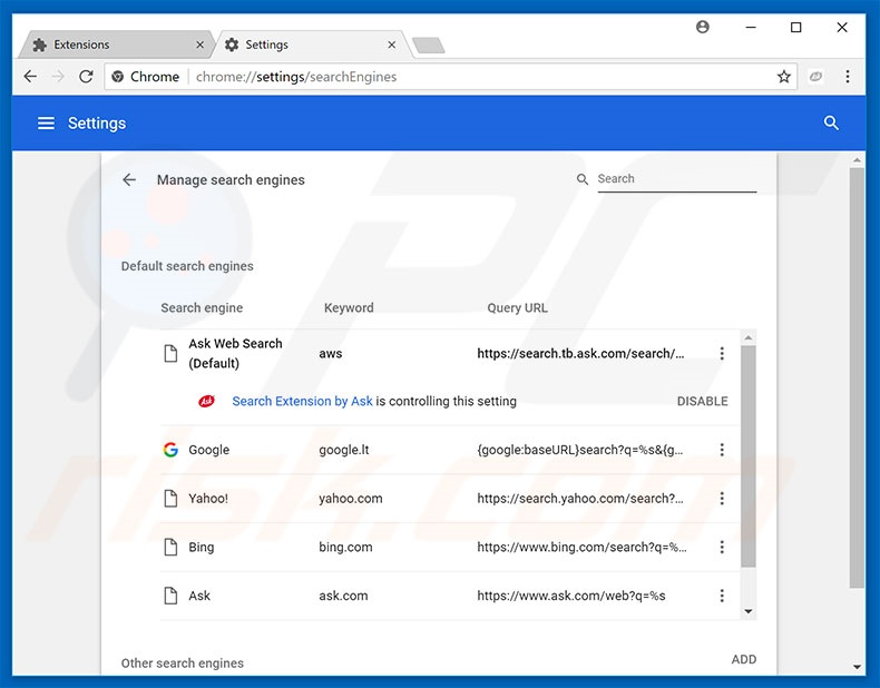 Removendo search.tb.ask.com do motor de pesquisa padrão do Google Chrome