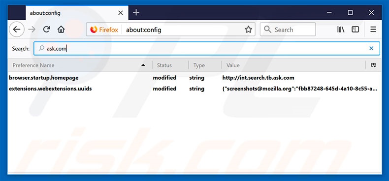 Removendo a página inicial int.search.tb.ask.com e motor de pesquisa padrão do Mozilla Firefox