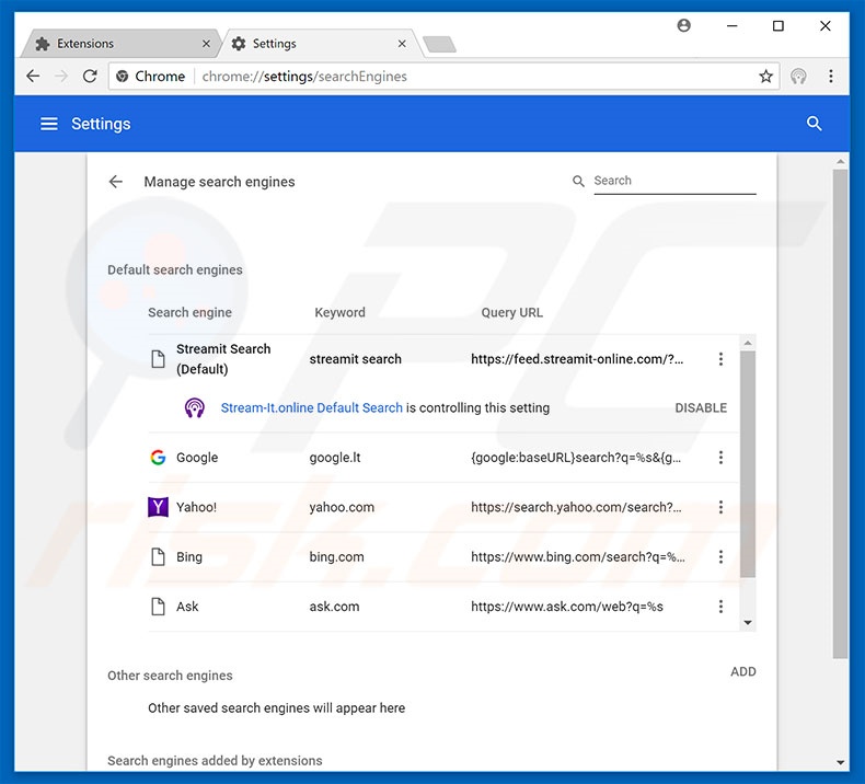Removendo feed.streamit-online.com do motor de pesquisa padrão do Google Chrome