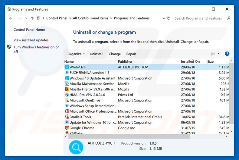 desinstalar o adware WhiteClick via Painel de Controlo