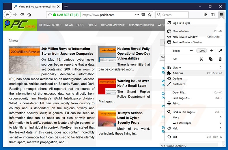 Remoção das extensões fraudulentas do Mozilla Firefox passo 1