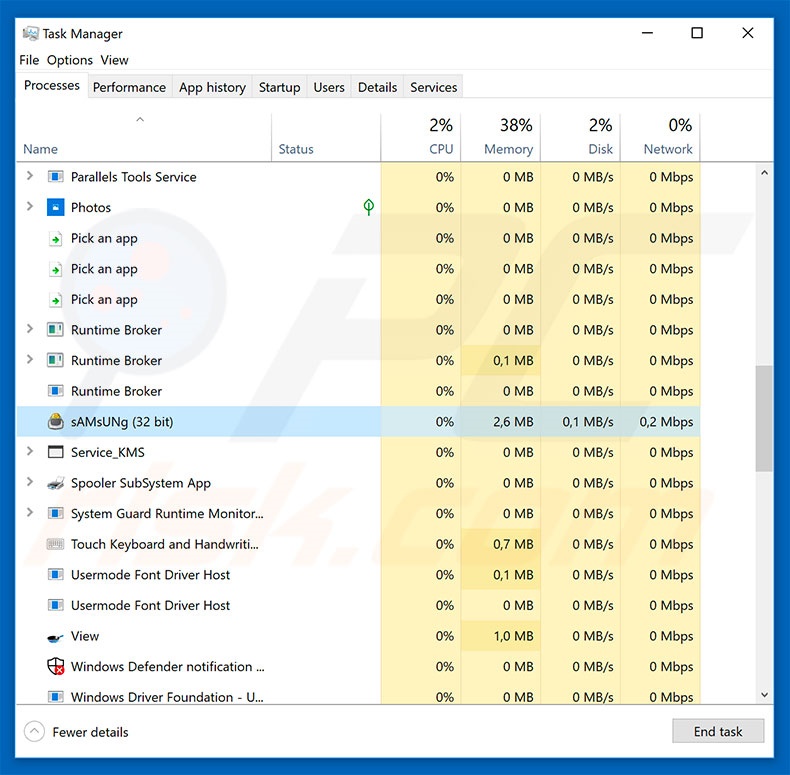 Malware AZORult no gestor de tarefas do Windows