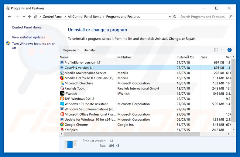 Desinstalação do adware CastVPN via Painel de Controlo