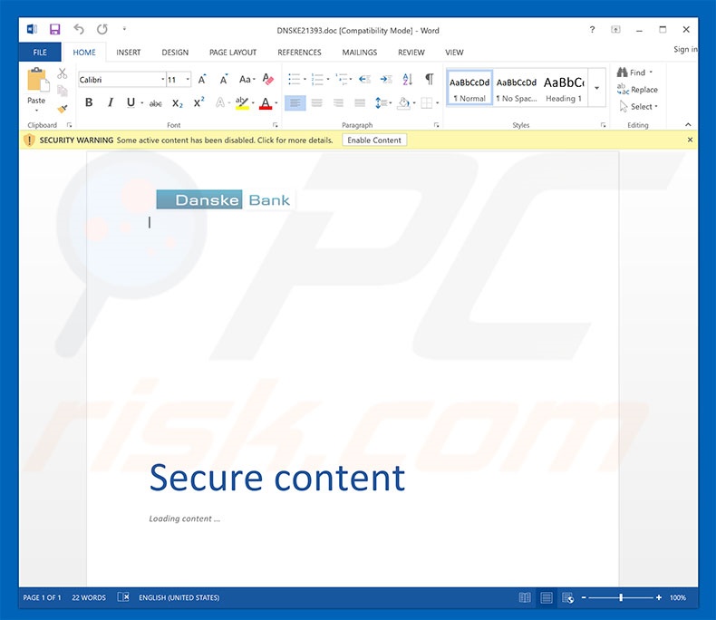 Anexo fraudulento distribuído através da campanha de spam do Danske Bank Email Virus
