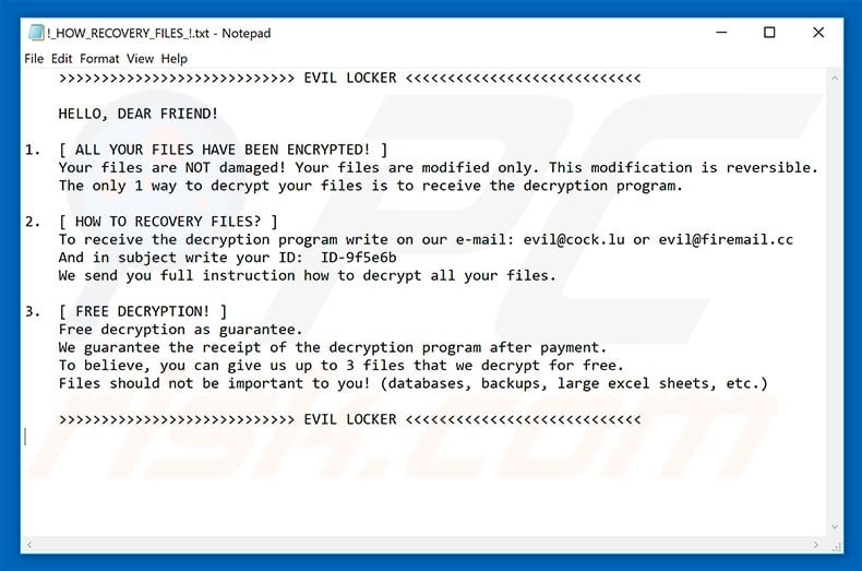 Instruções de desencriptação de Evil Locker