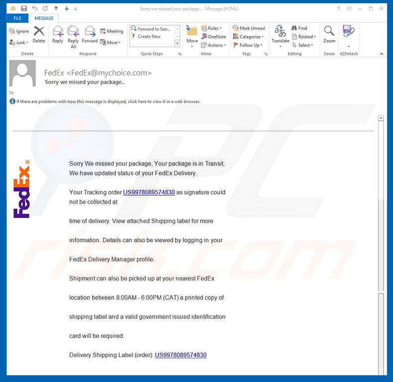 Malware SPAM do email FedEx Package