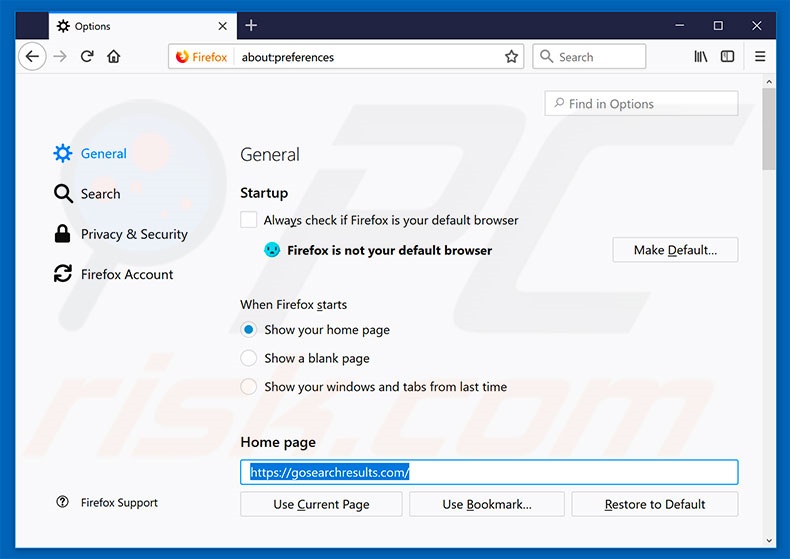 Removendo o gosearchresults.com da página inicial do Mozilla Firefox