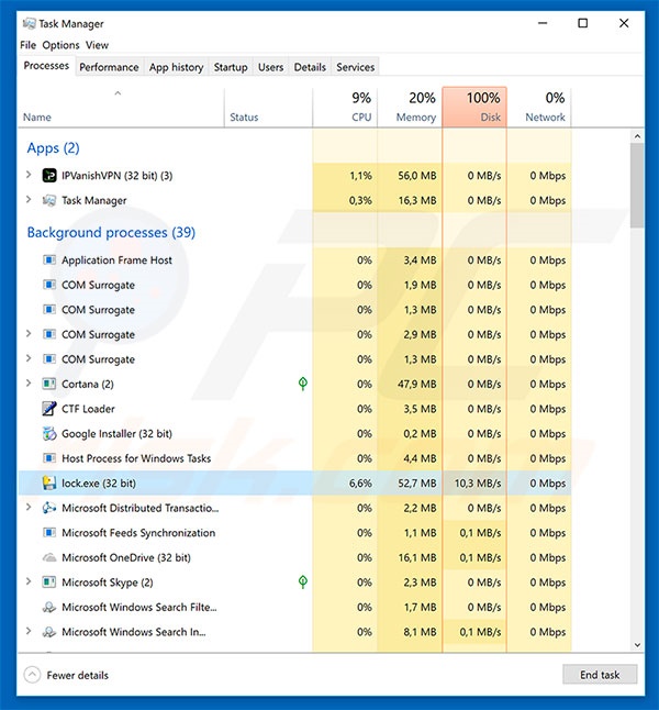 Locky Imposter no Gestor de Tarefas