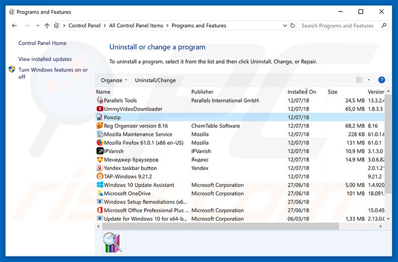 desinstalar o adware Powzip via Painel de Controlo