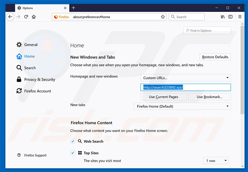 Removendo search323892.xyz da página inicial do Mozilla Firefox