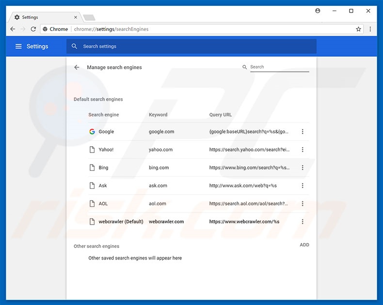 Removendo webcrawler.com do motor de pesquisa padrão do Google Chrome