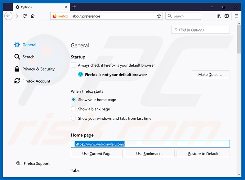 Removendo a página inicial webcrawler.com do Mozilla Firefox
