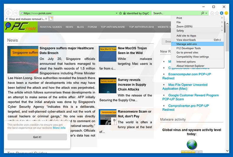 Remoção dos anúncios AnyDesk do Internet Explorer passo 1