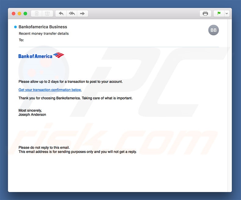 Malware Bank Of America Email Virus