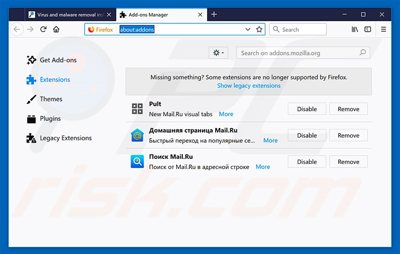 Remover as extensões fraudulentas do Mozilla Firefox passo 2