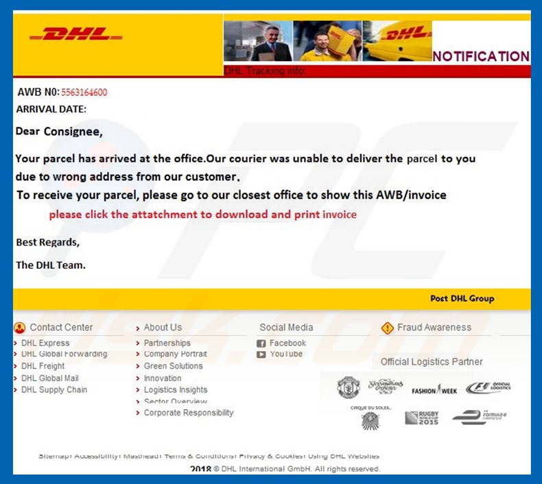 Segundo exemplo de carta de e-mail DHL Email Virus