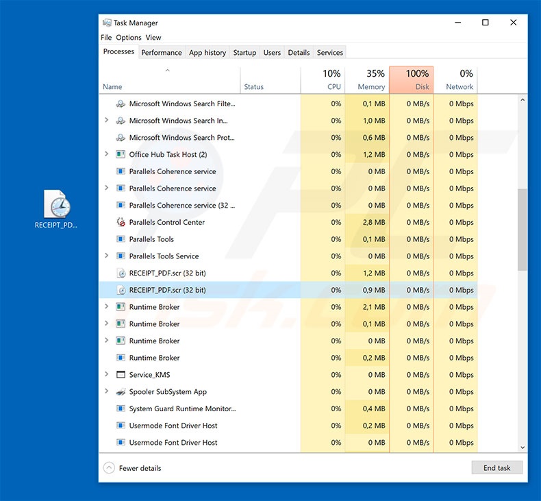 Processo do trojan LokiBot no Gestor de tarefas do Windows