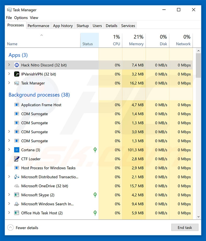 Discord Trojan no Gestor de tarefas do Windows