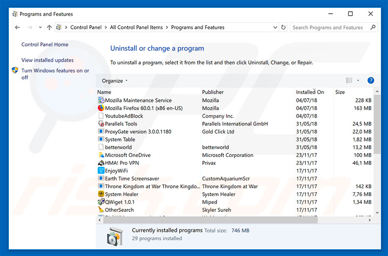 desinstalação do adware ERROR 268D3 através do painel de controlo