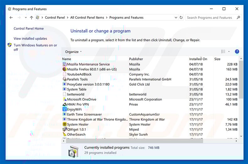 desinstalar o adware Found 4 Virus no Painel de Controlo