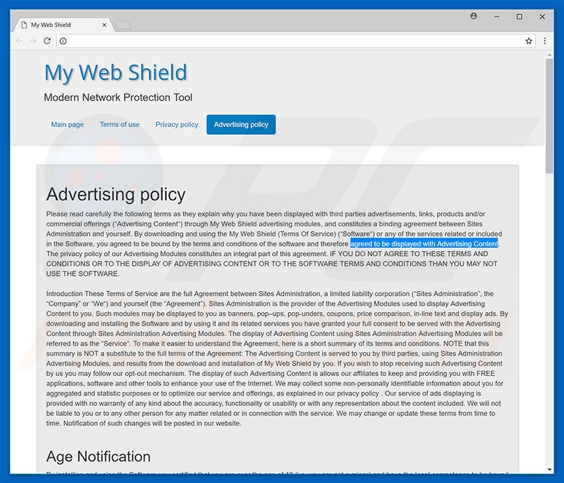 política de publicidade de My Web Shield