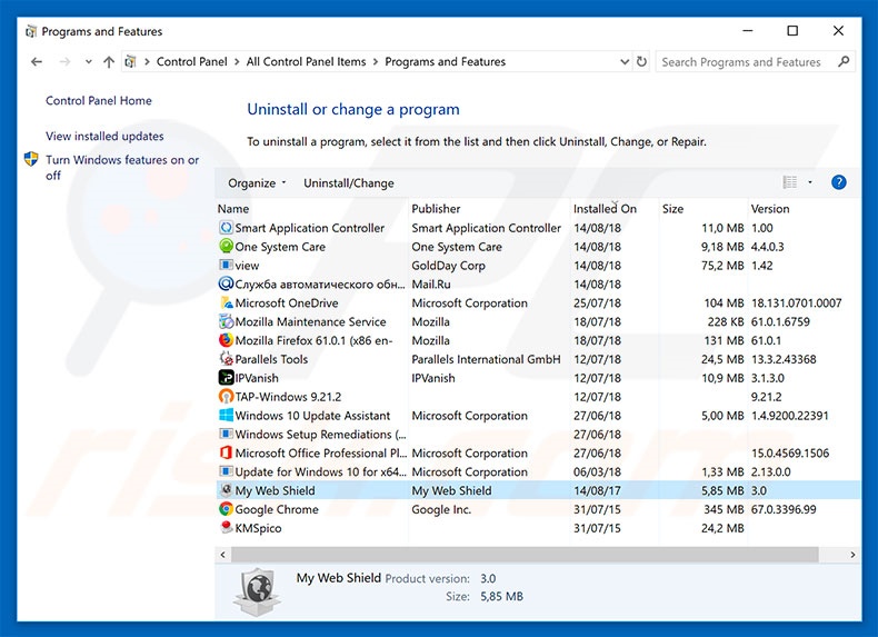 desinstalar o adware My Web Shield no Painel de Controlo