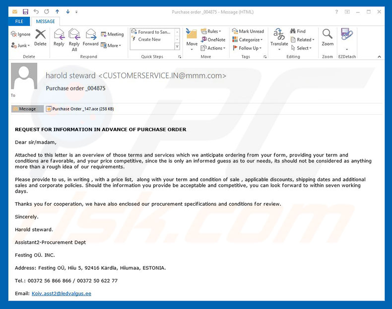 malware do vírus Purchase Order Email