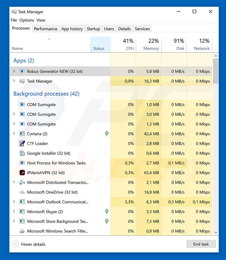 Malware Roblox no gestor de tarefas do Windows