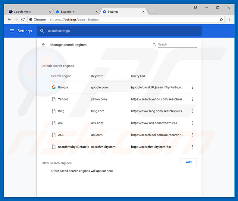 Removendo searchmulty.com do mecanismo de pesquisa padrão do Google Chrome