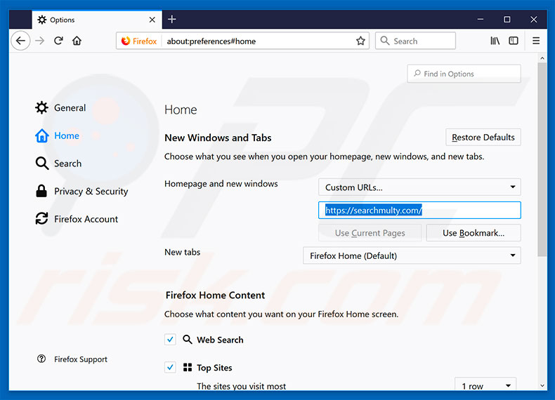 Removendo searchmulty.com da página inicial do Mozilla Firefox