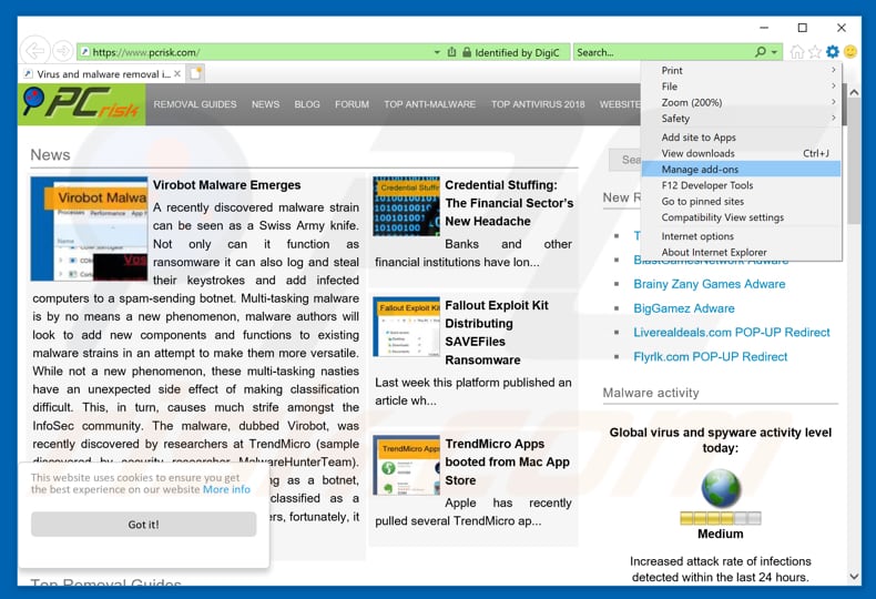 Remova as extensões fraudulentas do Internet Explorer passo 1