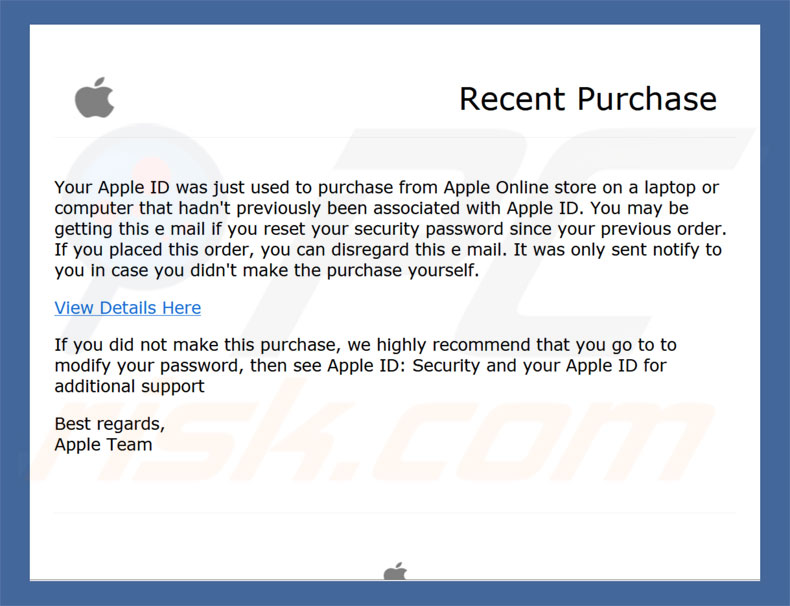 Malware Apple Recent Purchase Email Virus