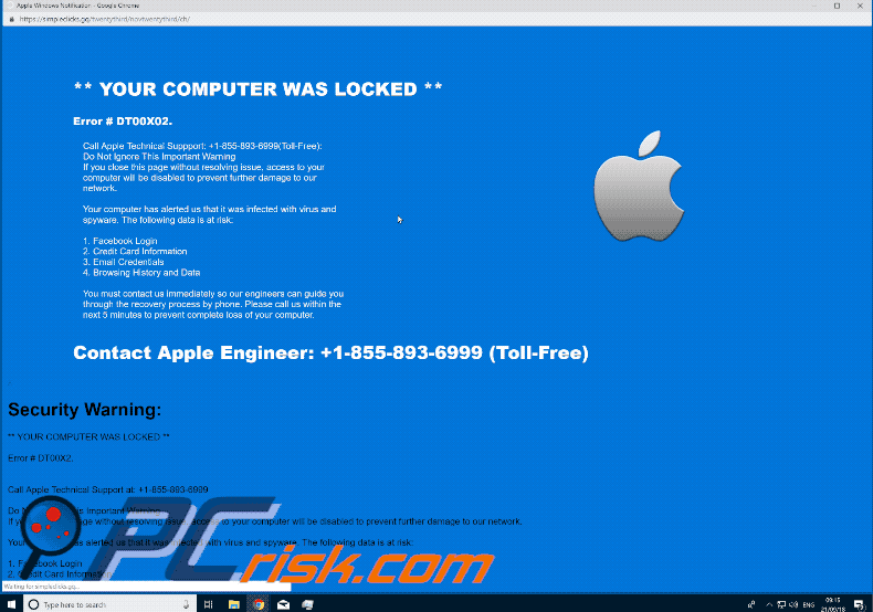 Aparência da fraude do Contact Apple Engineer (Error #DT00X02) (GIF)