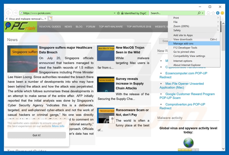 Removendo os anúncios dailynews.support do Internet Explorer passo 1