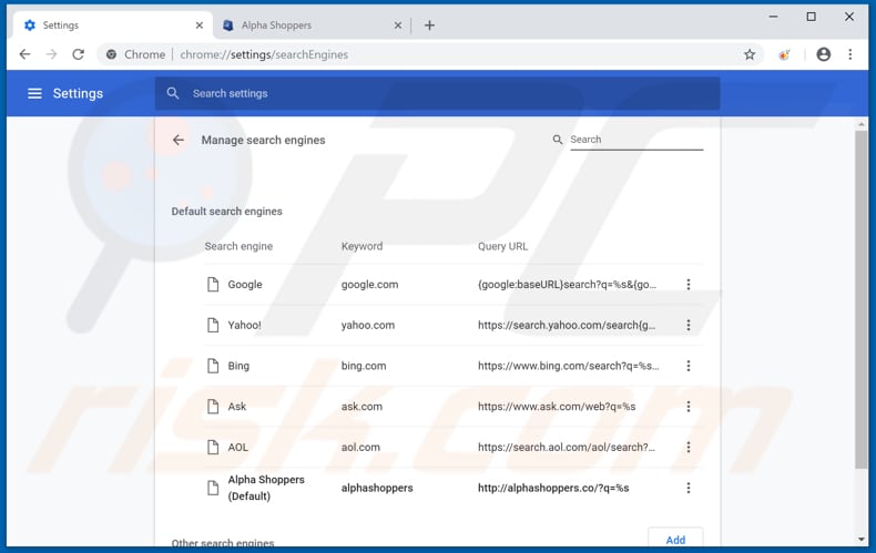 Remoção de alphashoppers.co de motor de pesquisa padrão do Google Chrome
