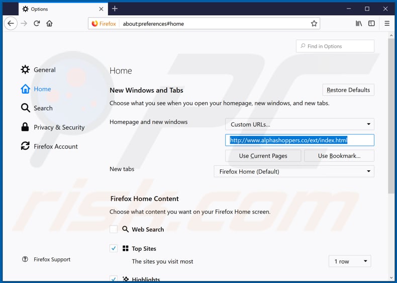 Removendo alphashoppers.co da página inicial do Mozilla Firefox