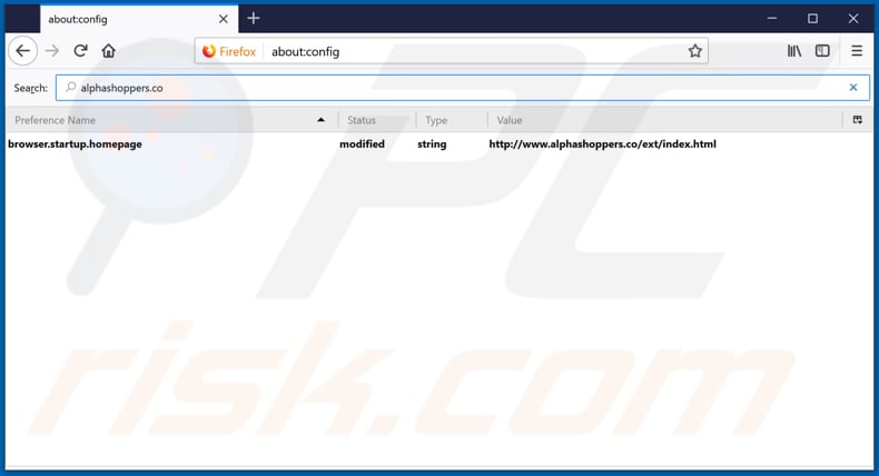 Removendo alphashoppers.co do motor de pesquisa padrão do Mozilla Firefox.