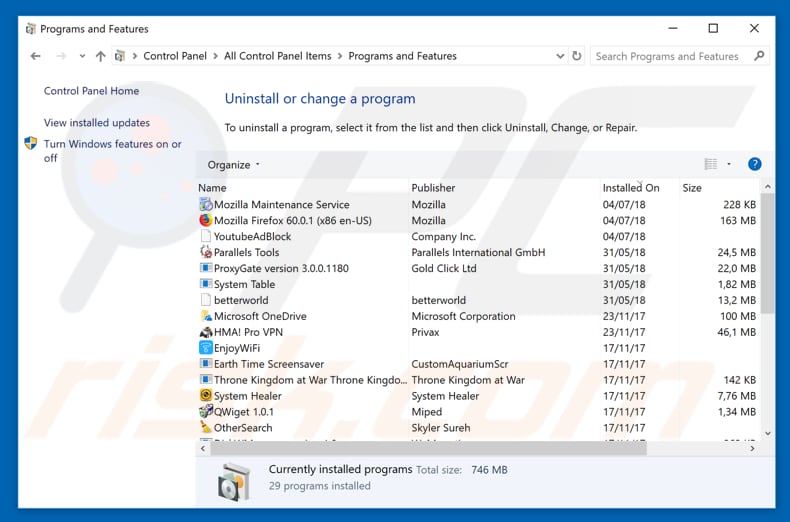 desinstalar o sequestrador de navegador alphashoppers.co via Painel de Controlo