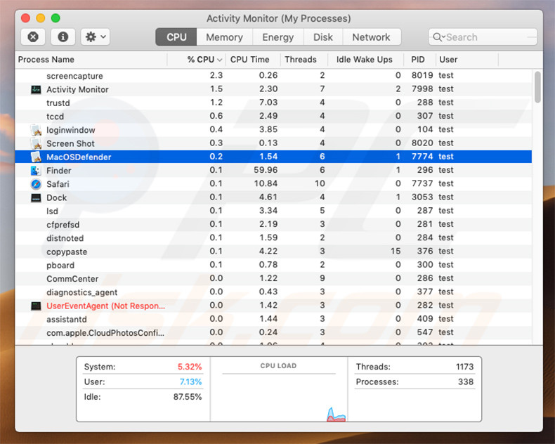 Processo de MacOSDefender no Activity Monitor