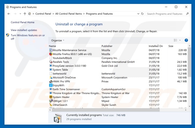 Desinstalar o adware System Firewall Has Blocked Some Features via Painel de Controlo